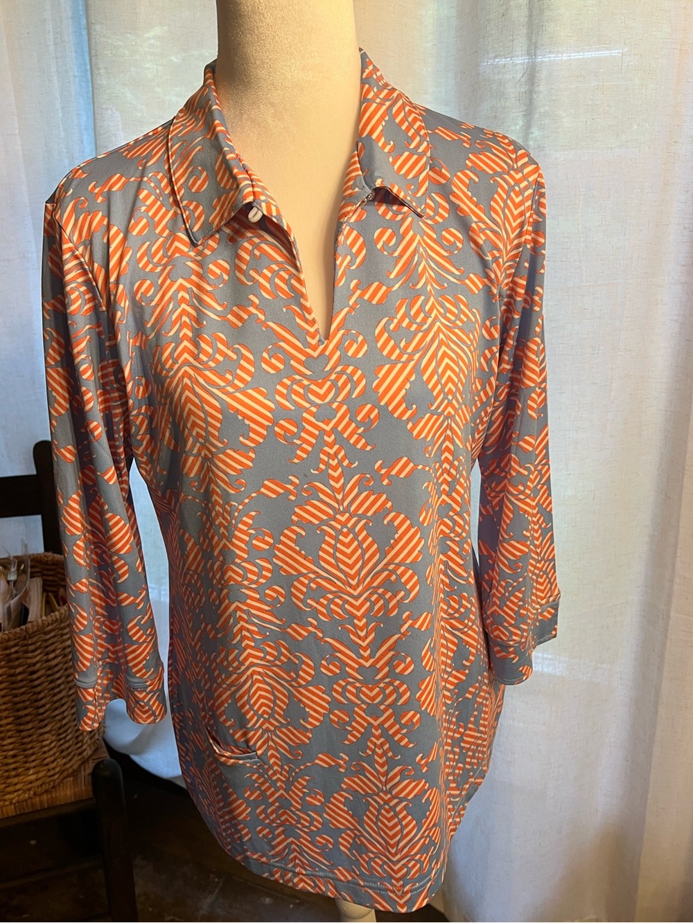 Sport Haley collared polo golf shirt. Size M Pink and blue print. 3/4 sleeves